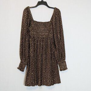 JACQUIE THE LABEL Brown Floral Smocked Corduroy Long Sleeve Short Dress; Size L
